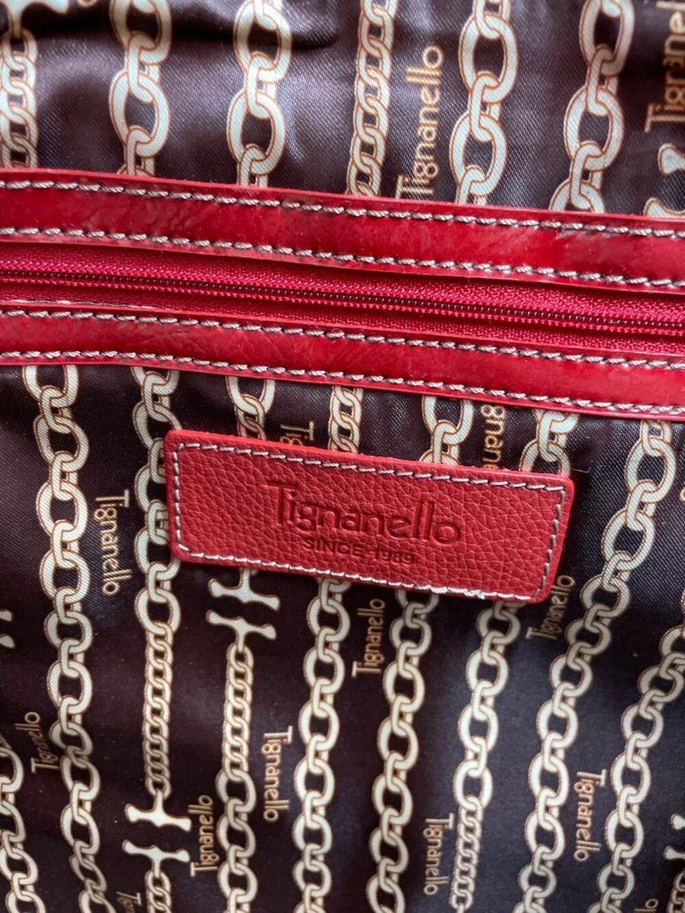 Tignanello Red Glossy Quilted Tote Bag With Dual Handles - Picture 12 of 16